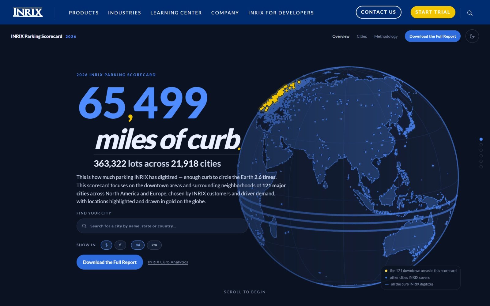 Opening scene: 65,499 miles of curb drawn as 2.6 laps around a globe