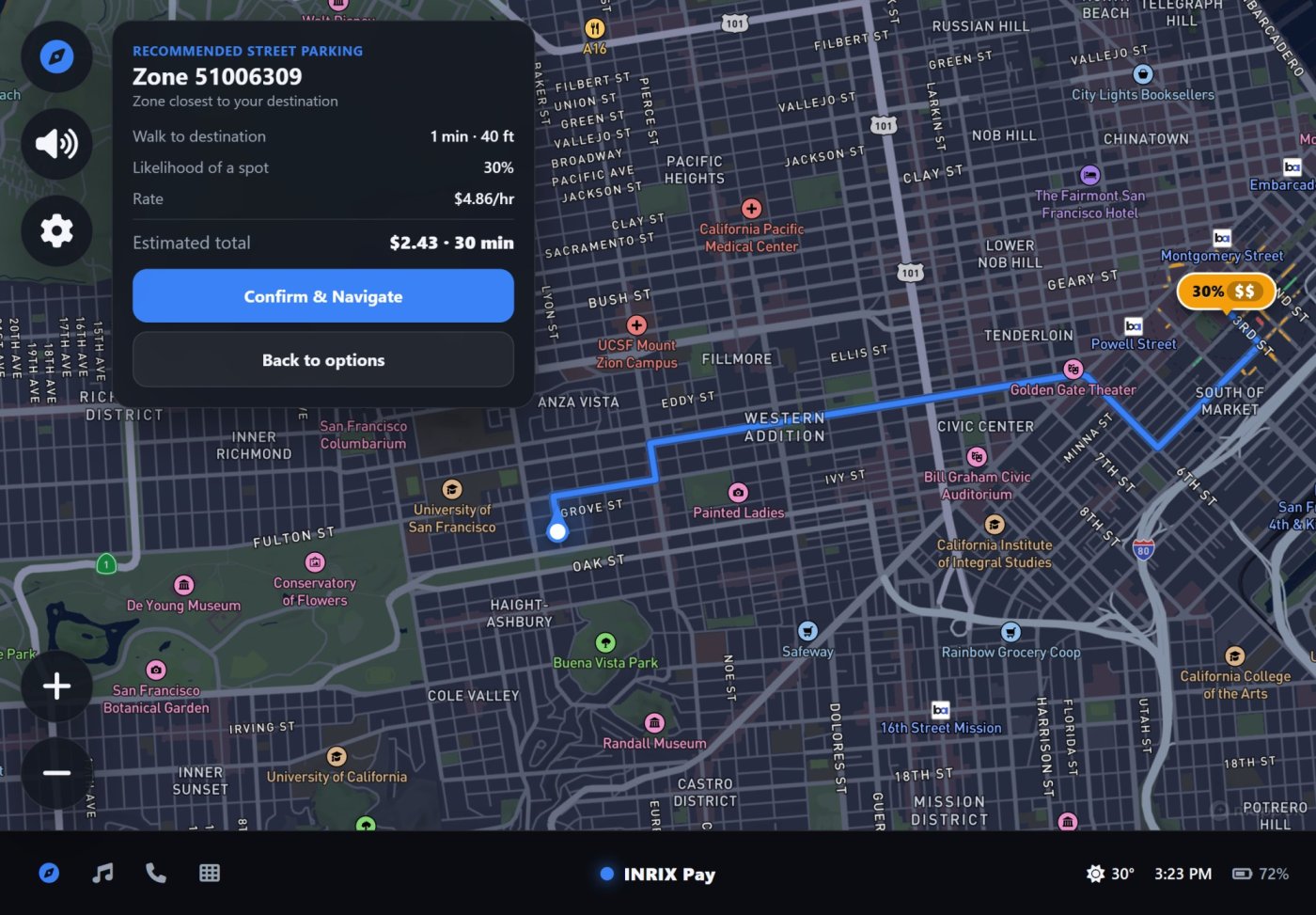 Recommended street parking: walk time, chance of a spot, rate, and estimated total