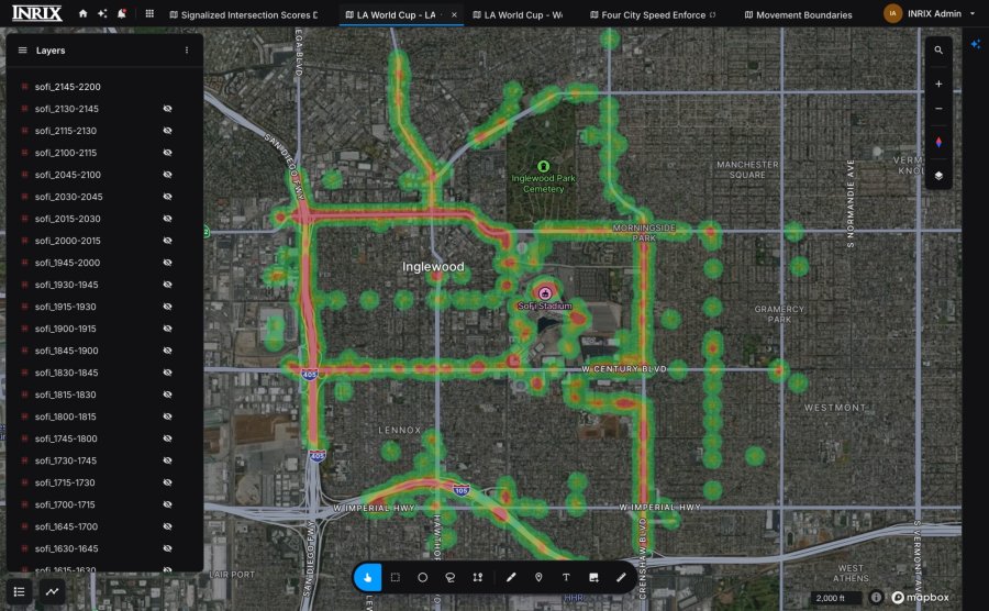 LA World Cup: traffic around SoFi Stadium in 15-minute layers