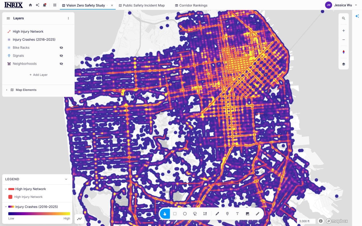 Vision Zero safety study: crash density heatmap over San Francisco's High Injury Network
