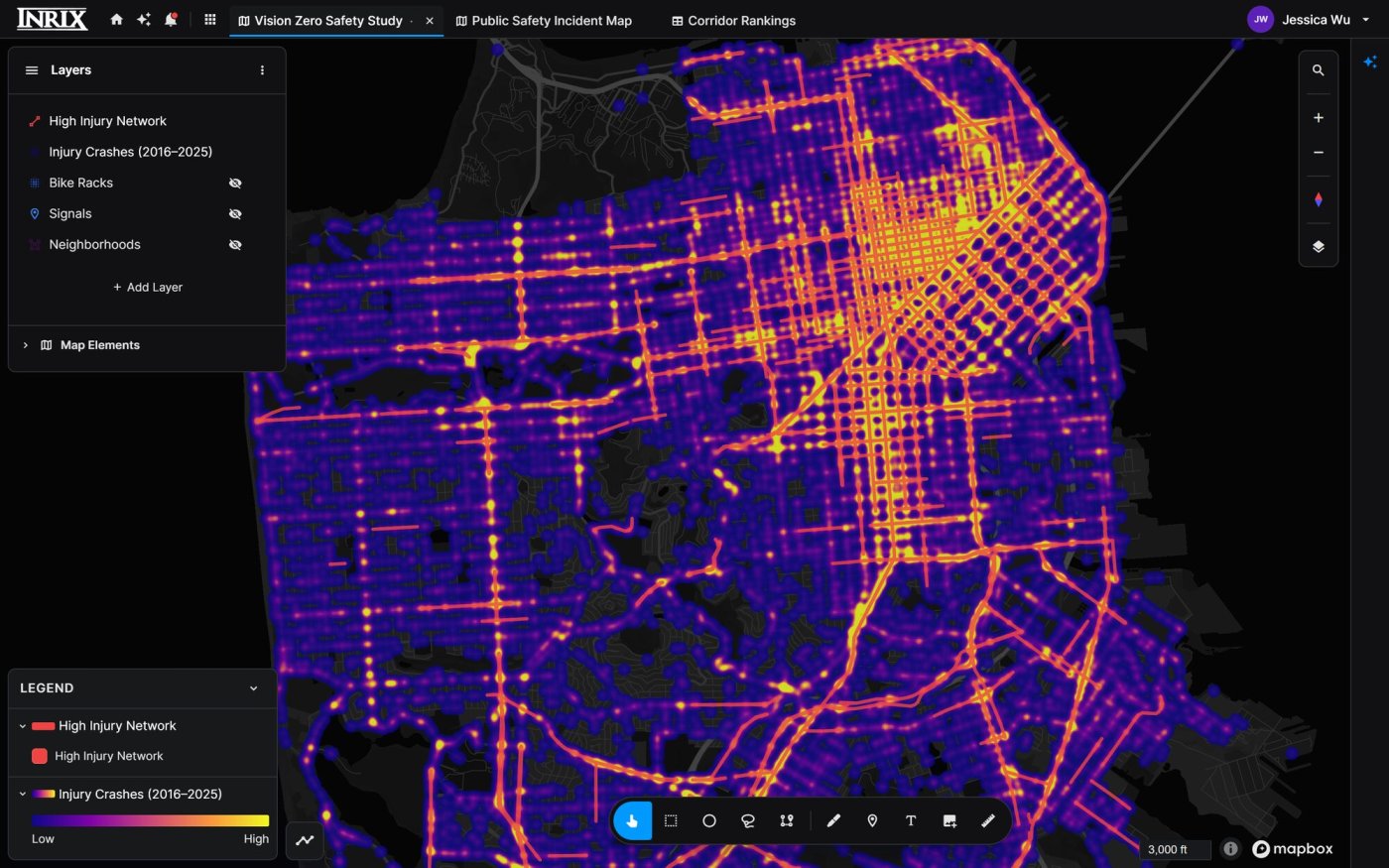 Vision Zero safety study: crash density heatmap over San Francisco's High Injury Network