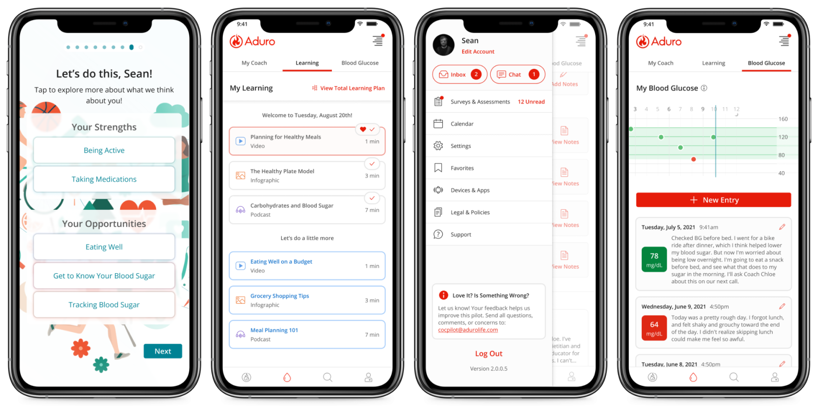 Four Connect Care screens: personalized onboarding, the learning plan, the account menu and the blood glucose log