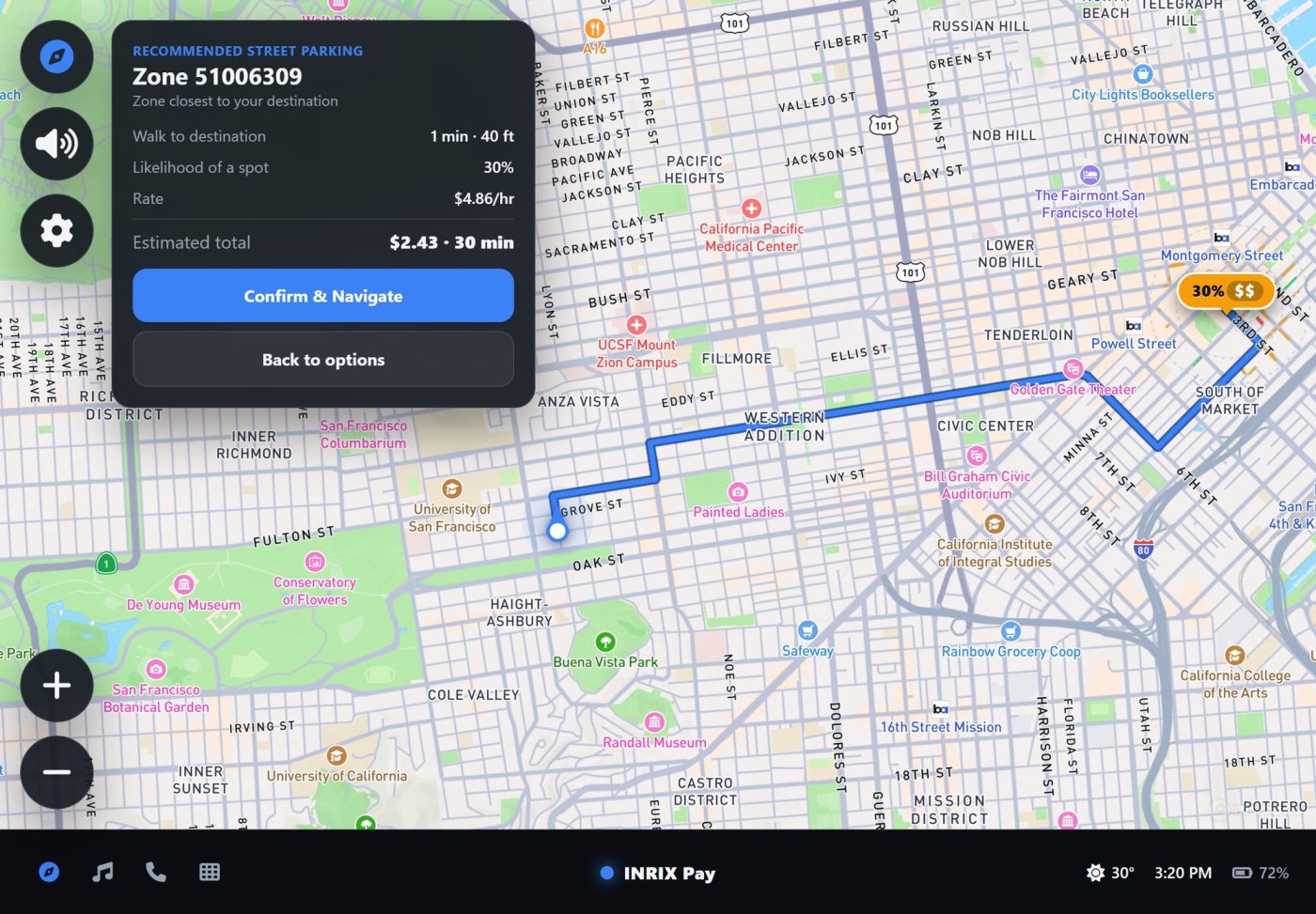 Recommended street parking: walk time, chance of a spot, rate, and estimated total