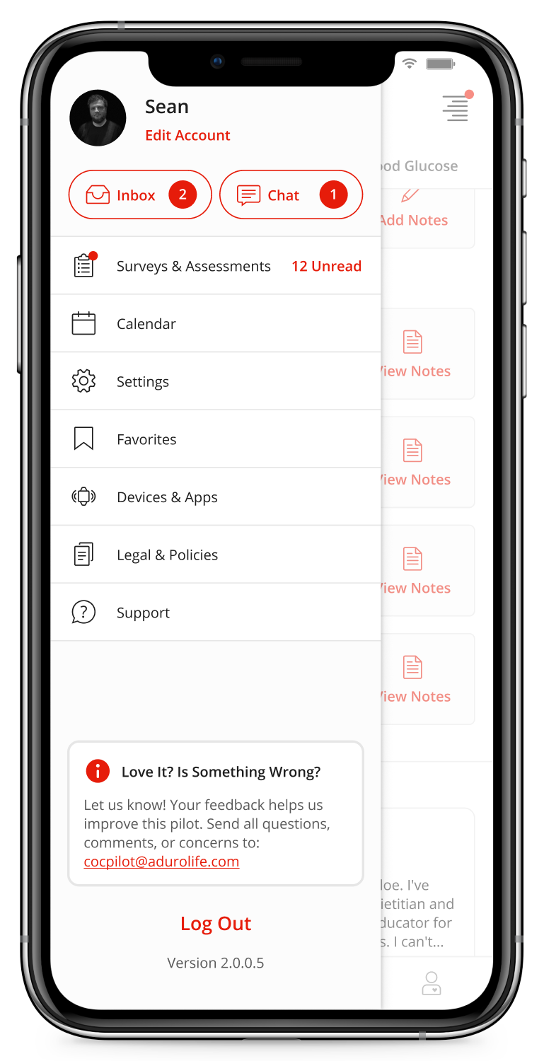 Account menu with inbox, chat, surveys and connected devices