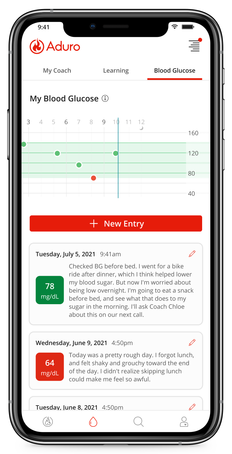 Blood glucose log: readings against the target range, with notes for the coach